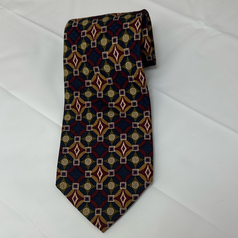 Jos. A. Bank Premier Collection 100% Silk USA Maroon Navy Gold Geometric 61”